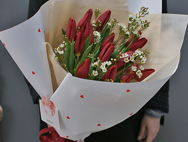 Bouquet of burgundy tulips and waxflower ''Spring greetings'' photo